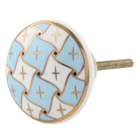 Sky Blue and White Golden Checkerboard Cabinet Knob